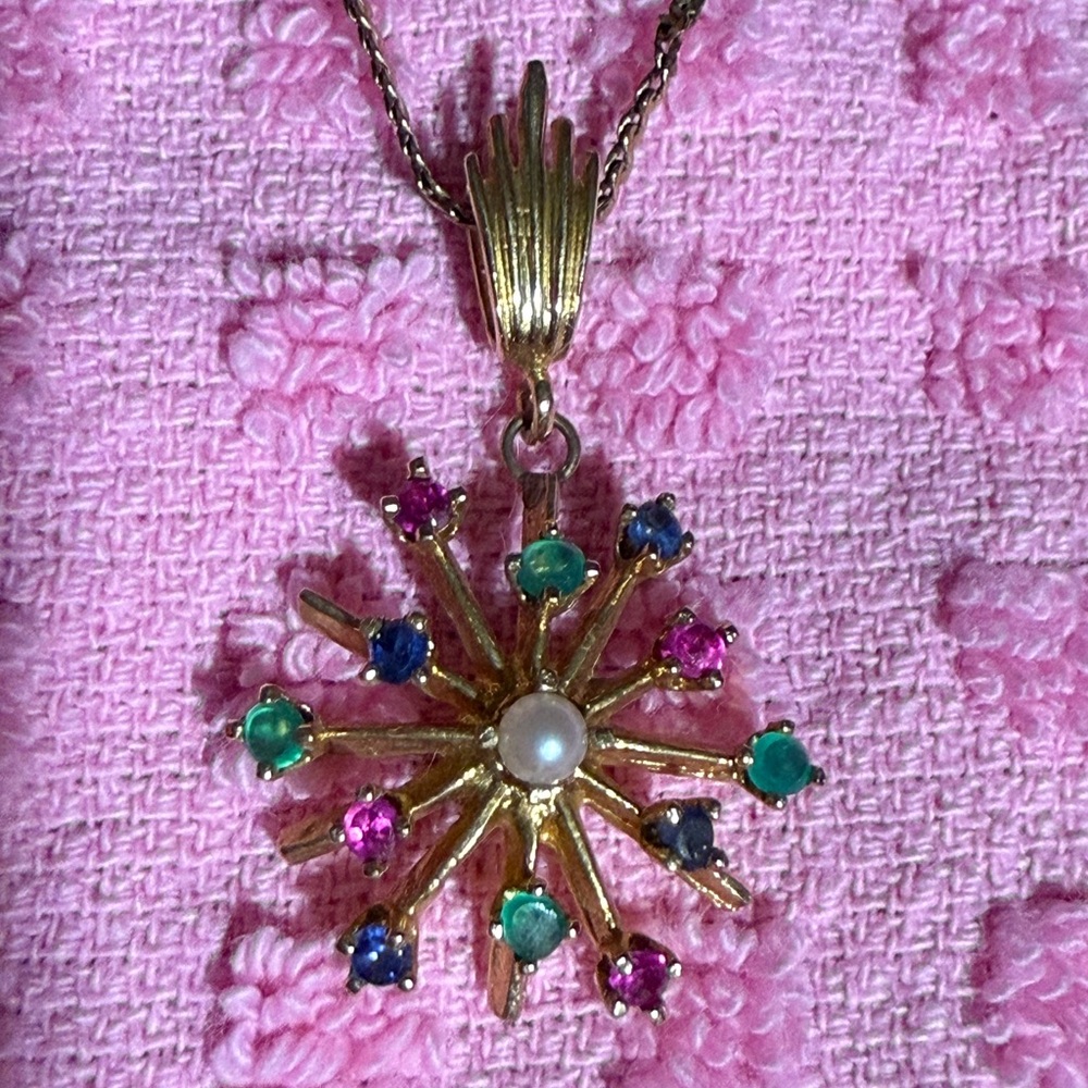 14k Gold box chain with 14k Emerald, Ruby, sapphires and center pearl pendant